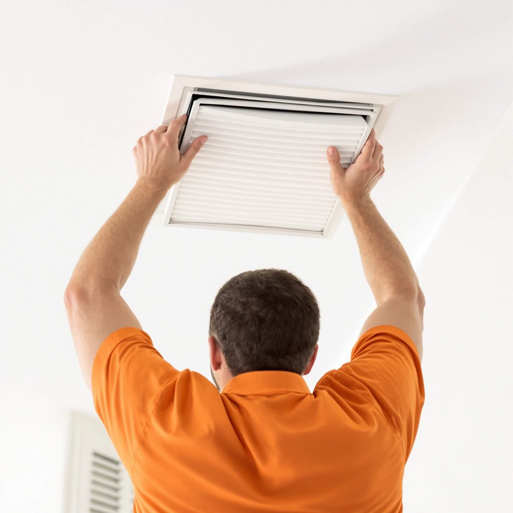 Homeowner installing a new ceiling return air filter as part of air filter service in Elkton, MD.