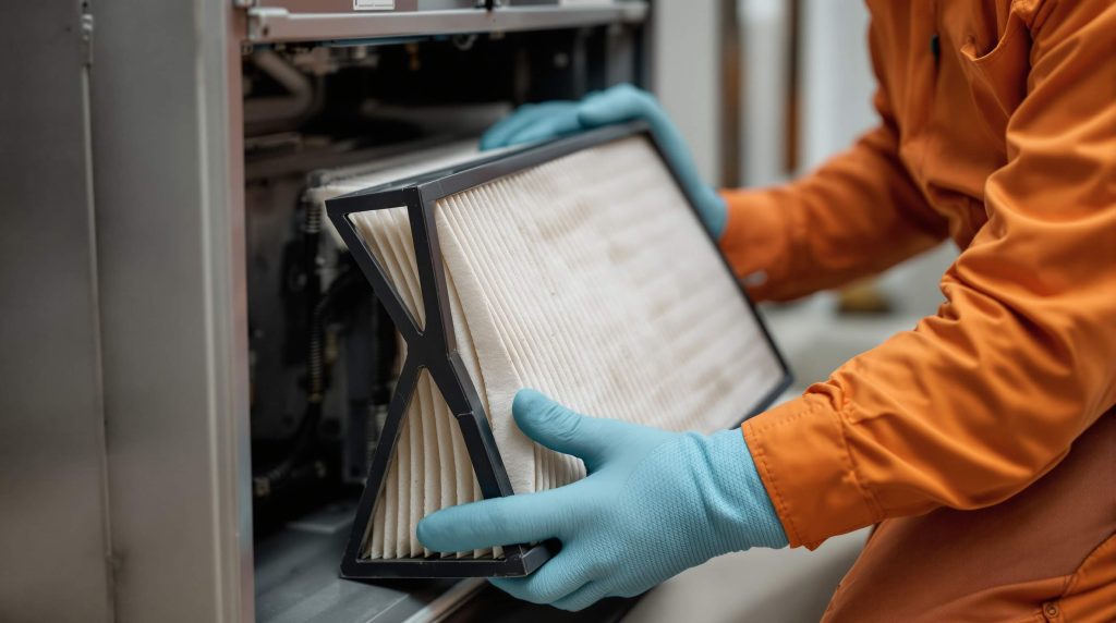 Technician replacing a pleated HVAC air filter during routine air filter service in Elkton, MD.