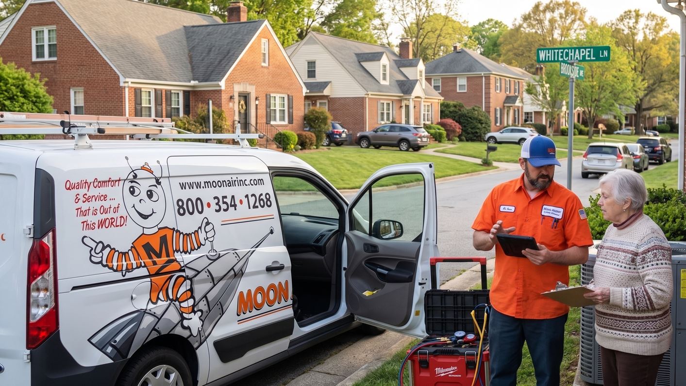 HVAC Tech Talking With Homeowner Brookside Whitechapel Neighborhood In Newark De